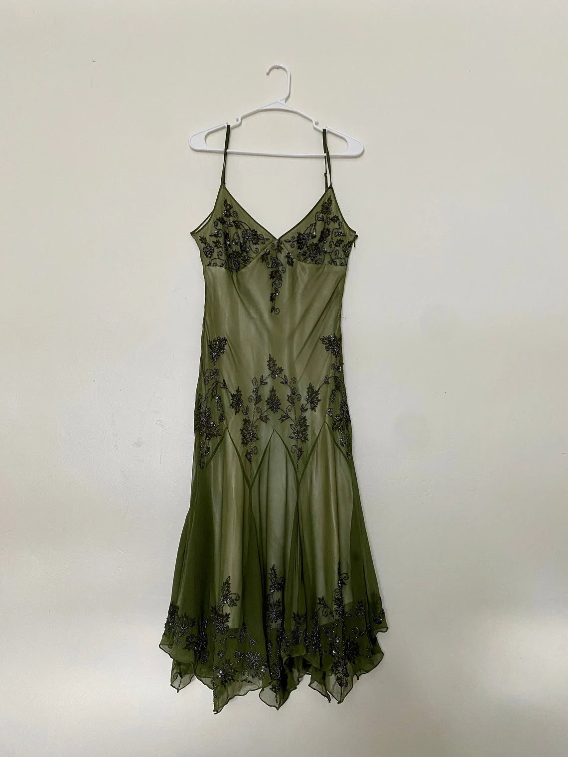 Robe Weitese vintage années 90 à bretelles spaghetti, robe mi-longue verte perlée, robe de bal